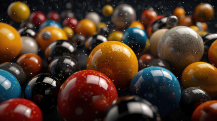 Aufkleber - Colorful spheres scattered across dark background create vibrant and dynamic scene, showcasing various sizes and textures