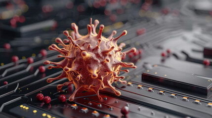 Poster - Digital representation of virus attacking circuit board, showcasing intersection of technology and health. image evokes sense of urgency