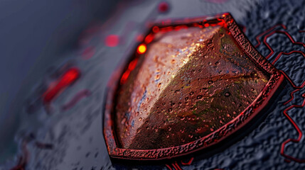 Poster - Cyber shield with metallic texture, glistening with moisture, symbolizes protection against digital threats in high tech environment