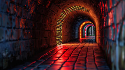 Poster - Vibrant cyber tunnel illuminated with colorful lights and numeric patterns, creating futuristic atmosphere. walls are textured and floor is paved