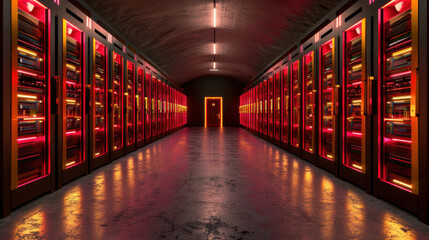Poster - Futuristic data center with glowing servers and vibrant lighting creates atmosphere of advanced technology and security