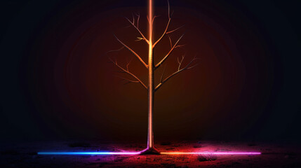 Poster - Glowing tree silhouette stands against dark background, illuminated by vibrant neon lights, creating striking visual contrast