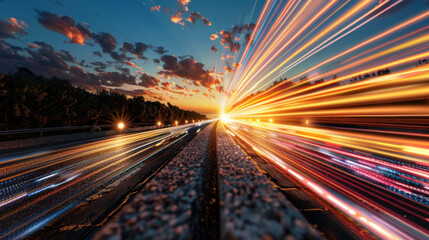 Leinwandbilder - Vibrant digital highway concept with glowing data flowing through scene, showcasing beauty of motion and technology at sunset