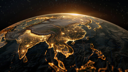 Poster - Stunning view of Earth showcasing Asia illuminated by glowing energy lines, highlighting urban areas and natural landscapes