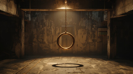 Poster - Captivating empty scene featuring floating ring suspended from chain, casting shadow on textured floor, evoking sense of mystery and intrigue
