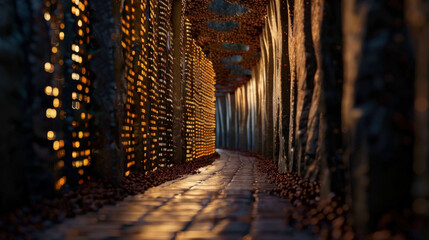 Poster - Serene pathway illuminated by warm lights, surrounded by textured walls and scattered pebbles, creates tranquil atmosphere