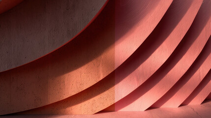 Poster - Curved architectural design with soft pink tones and textured surfaces creates harmonious visual experience, highlighting light and shadow play