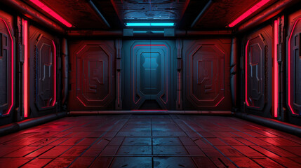 Poster - Futuristic room with glowing red and blue lights, featuring metallic walls and sleek design, evokes sense of mystery and technology