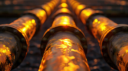Poster - Golden pipes reflecting light create mesmerizing visual of industrial design and technology. warm glow enhances metallic surface, showcasing
