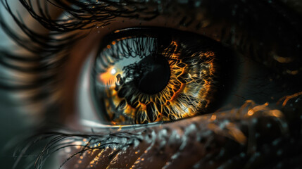 Poster - Close up of human eye reflecting vibrant colors and intricate patterns, symbolizing connection between nature and humanity. eye captures beauty