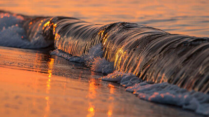 Poster - Gentle waves forming one curved line in soft light, reflecting warm colors of sunset, creating serene and tranquil atmosphere