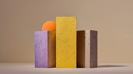Poster - Geometric shapes in pastel colors create harmonious composition, featuring vibrant orange sphere atop textured blocks