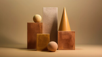 Poster - Geometric shapes in warm tones create harmonious composition on clean background, evoking sense of calm and balance
