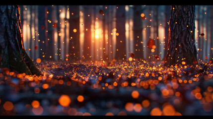 Poster - Magical forest scene with glowing particles illuminating ground, surrounded by tall trees and warm sunset. atmosphere is enchanting and serene