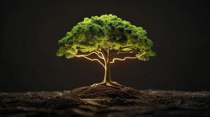 Poster - Vibrant tree with lush green foliage stands illuminated against dark background, symbolizing growth and energy. roots are visible, connecting to