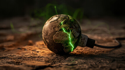 Poster - Cracked globe with green plug symbolizes Earth need for energy and renewal, radiating glowing energy