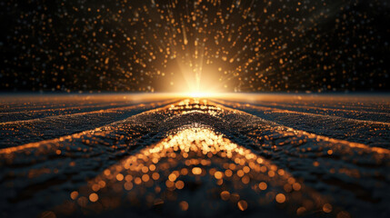 Leinwandbilder - Mesmerizing scene of glowing point at horizon, surrounded by shimmering particles and textured waves, evokes sense of wonder and tranquility