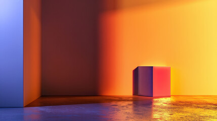 Poster - Isolated cube in corner of pastel gradient room, showcasing vibrant colors and soft lighting, creating serene atmosphere