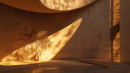 Poster - Serene interior space featuring curved white concrete walls, warm sunlight casting soft shadows, and decorative vase with tree