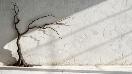 Poster - Isolated tree shadow stretching across white floor, creating serene and artistic atmosphere