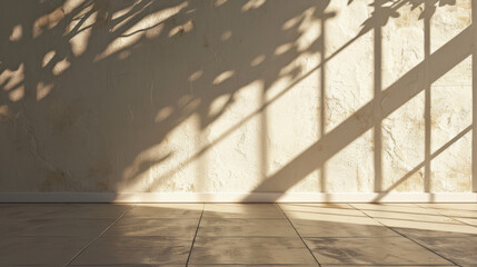 Poster - Serene scene featuring isolated tree shadow stretching across white floor, creating calming atmosphere. interplay of light and shadow adds depth