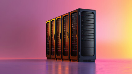 Poster - High tech data center servers glowing on pastel violet floor, showcasing modern technology and innovation in vibrant atmosphere