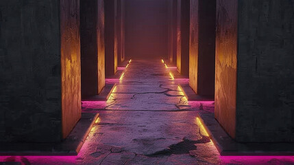 Poster - Futuristic corridor illuminated by glowing neon lights on cracked floor creates mysterious atmosphere