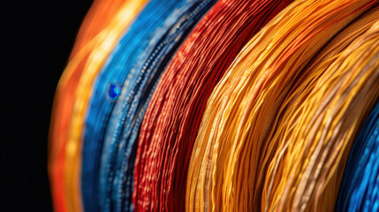 Poster - Colorful wires arranged in spiral pattern showcase vibrant hues of orange, blue, and red, creating visually striking composition