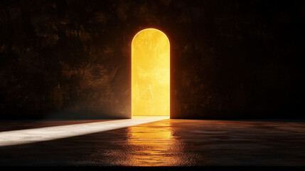 Poster - Minimal square opening reveals golden hour light, creating warm and inviting atmosphere in dark space