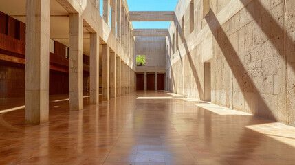 Poster - Modern architectural interior with natural light illuminating spacious area, showcasing concrete walls and wooden accents, creating serene