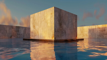 Poster - Modern white cube building stands in serene environment, reflecting beautifully in calm water. scene evokes tranquility and minimalism