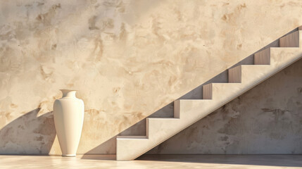 Poster - Modern white stairs with no handrails, accompanied by decorative vase, create serene atmosphere in soft light