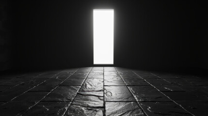 Poster - Bright doorway illuminates dark room, casting shadows on textured stone tiles, creating mysterious atmosphere
