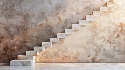 Poster - Modern white stairs with no handrails, illuminated by soft light, create serene atmosphere against textured wall