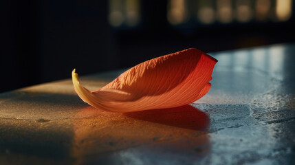 Poster - Delicate flower petal rests on clean tabletop, illuminated by soft light, creating serene and tranquil atmosphere