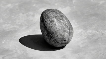 Poster - Monochrome pebble rests on pale surface, casting long shadow that adds depth to serene composition