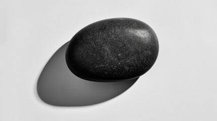 Poster - Smooth black pebble rests on pale surface, casting long shadow that enhances its elegant form and texture
