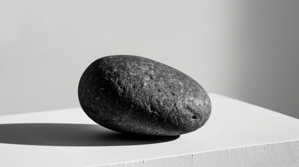 Poster - Smooth monochrome pebble rests on pale surface, casting long shadow, evoking sense of tranquility and simplicity