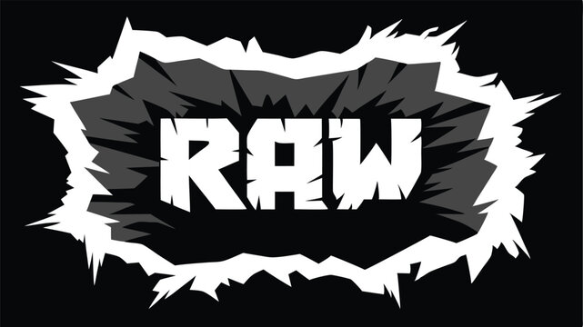 Bold graphic design of the word raw inside a bursting shape with transparency