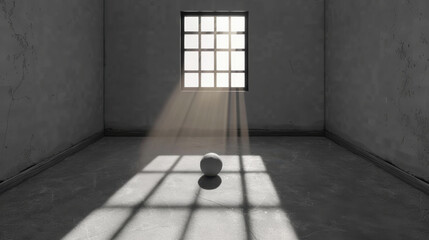 Poster - Pale grey room features single white sphere in center, illuminated by rays of light streaming through window, creating serene atmosphere