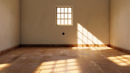 Poster - Pale grey room with single black dot in center, featuring small window casting shadows on wooden floor, evokes sense of minimalism and tranquility