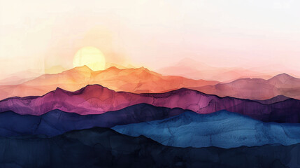 Poster - Dreamy pastel landscape layers in soft horizontal flow, showcasing serene sunset over mountains, evoking tranquility and beauty