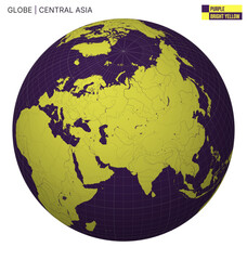 Poster - Vector Globe centered to Central Asia. Purple Bright Yellow palette. World map with meridians, parallels, countries, rivers and lakes. Classy vector illustration.