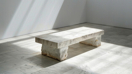 Poster - Minimalist white platform features single bench with sleek design, showcasing elegant marble textures and soft shadows