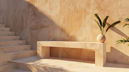 Poster - Minimalist bench integrated into warm, textured wall, complemented by simple vase and plant, creates serene atmosphere