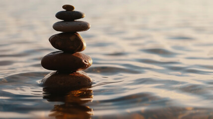 Wall Mural - Balanced stone stack in shallow water, reflecting calmness and tranquility. gentle ripples enhance serene atmosphere