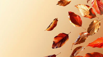 Poster - soft falling leaves in warm autumn colors over pastel beige background create serene and calming atm