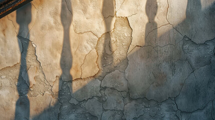 Poster - Soft light casts shadows of railing on textured wall, creating artistic interplay of light and shadow. cracked surface adds depth