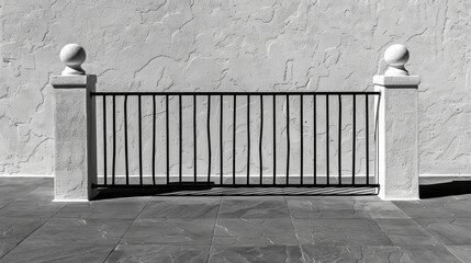 Poster - Soft light shadow of railing creates striking contrast against plain wall surface, enhancing minimalist aesthetic