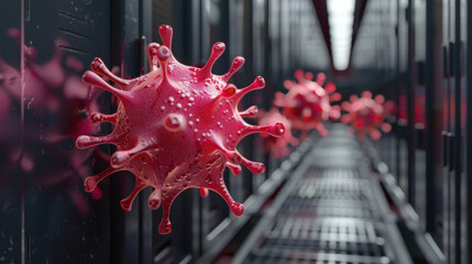 Poster - Virus scanning animation running across digital file, showcasing vibrant red virus in futuristic environment, evoking sense of urgency